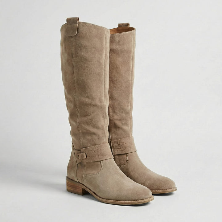 Women's Suede-Look Knee-High Slouch Boots Low Block Heel - Beige