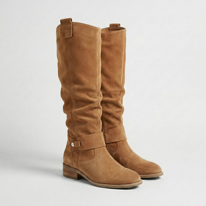Women's Suede-Look Knee-High Slouch Boots Low Block Heel - Light Brown