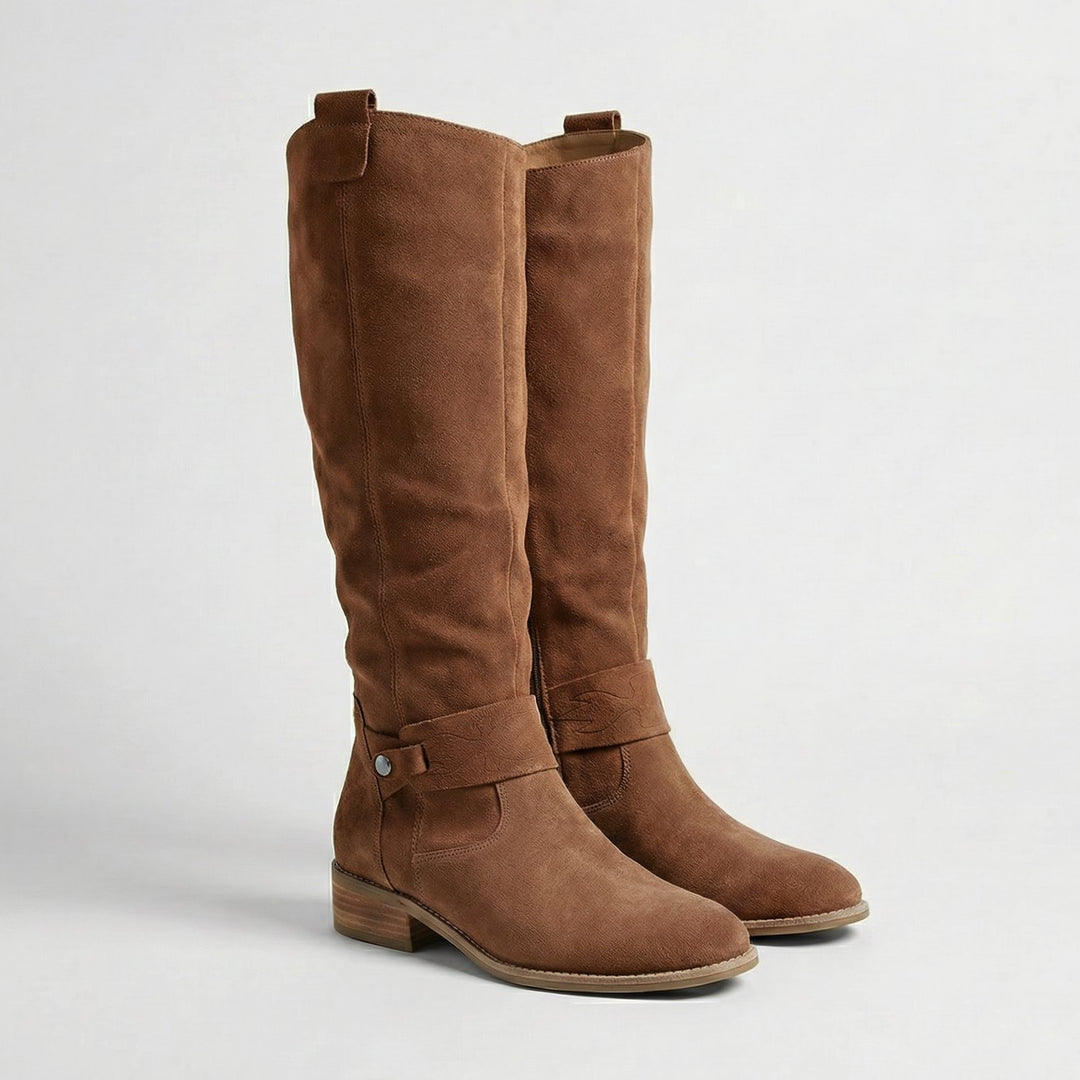 Women's Suede-Look Knee-High Slouch Boots Low Block Heel - Brown