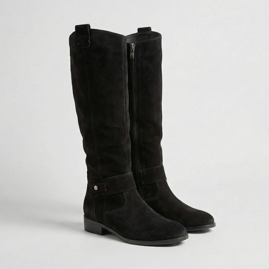 Women's Suede-Look Knee-High Slouch Boots Low Block Heel - Black