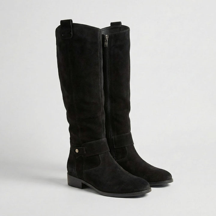 Women's Suede-Look Knee-High Slouch Boots Low Block Heel - Black
