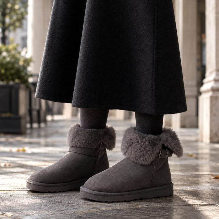 Women's Suede-Look Plush Cuff Buckle Winter Ankle Boots - Grey