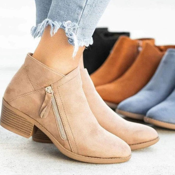 Women's Suede-Look Side-Zip Block Heel Ankle Boots - Beige