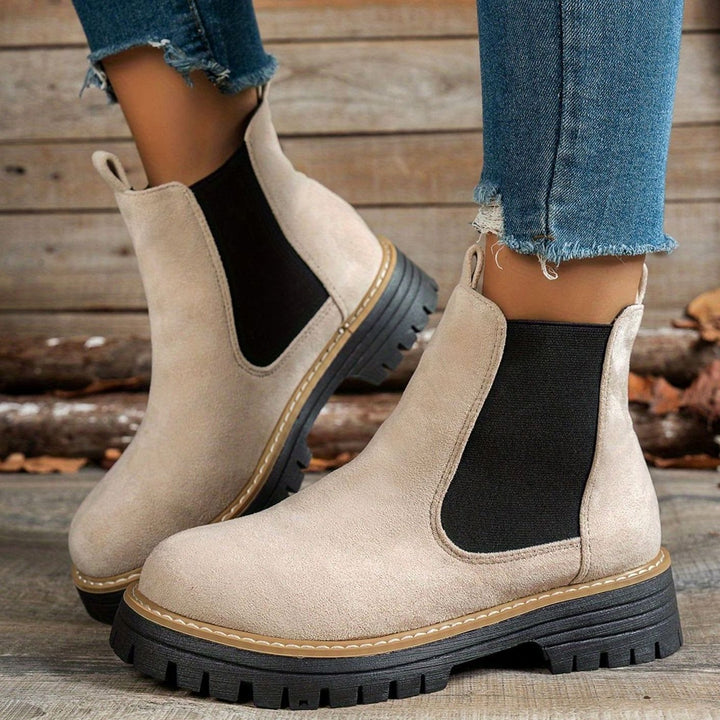 Women's Suede Platform Chelsea Boots Slip-On Ankle Boots - Beige