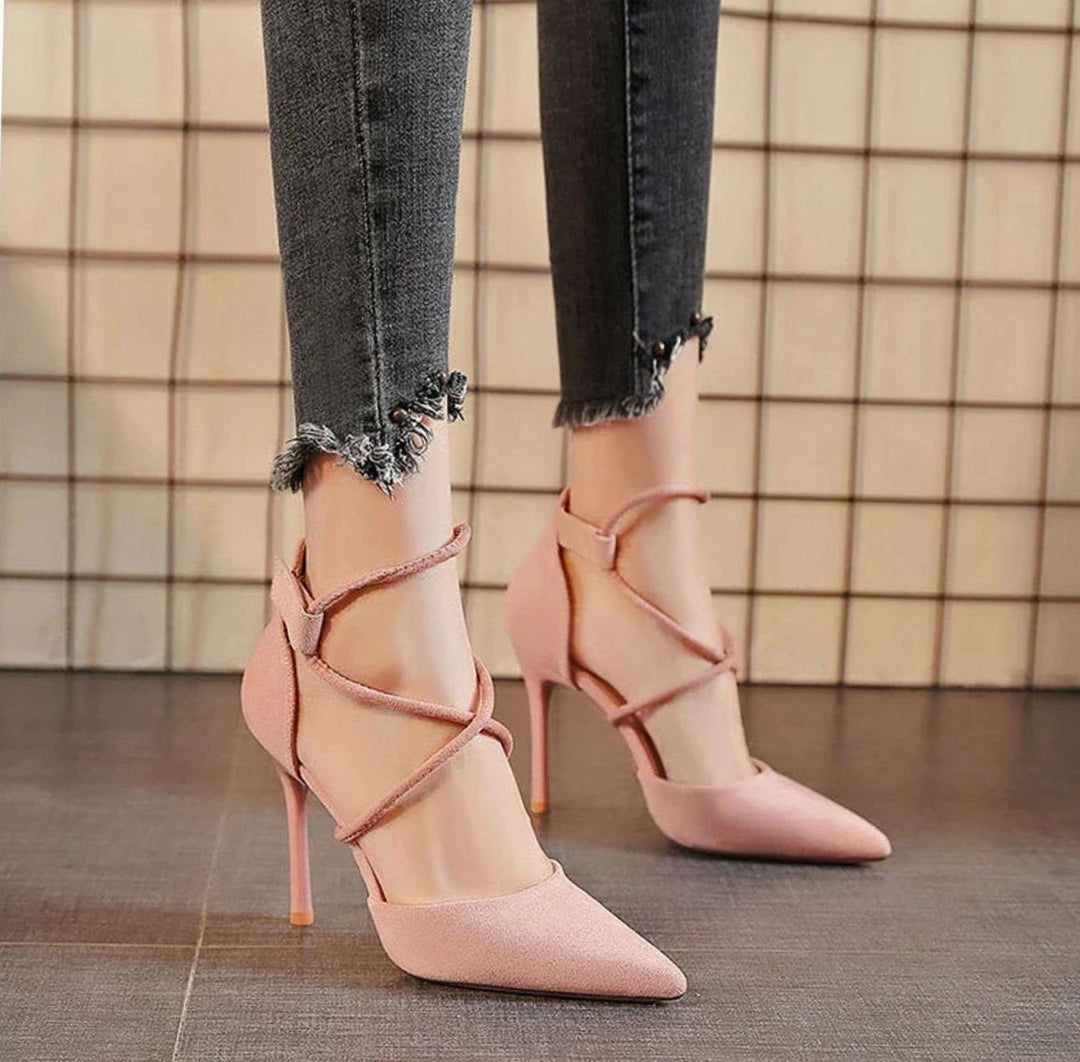 Women's Suede Pointed-Toe Cross-Strap Stiletto Heels - Pink