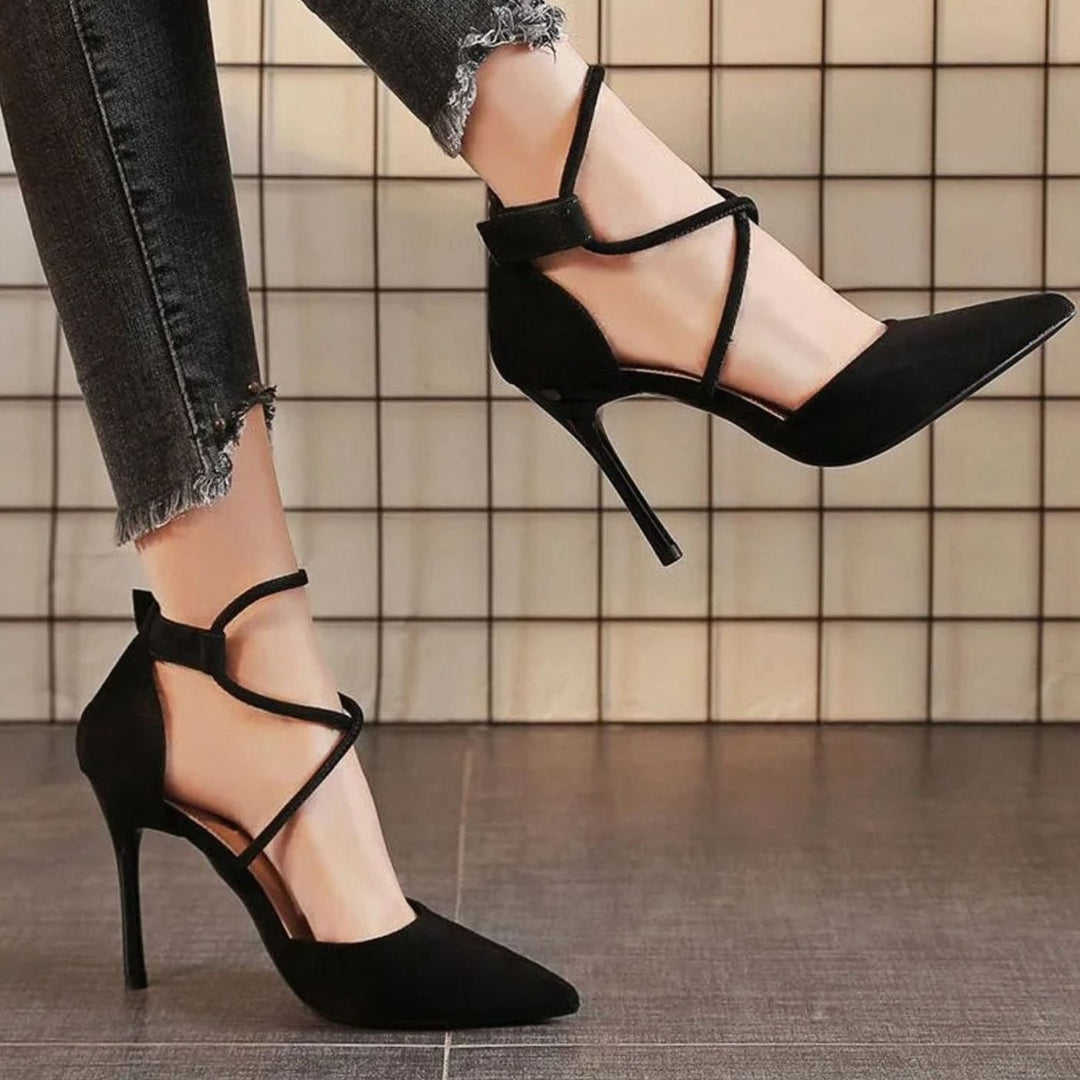 Women's Suede Pointed-Toe Cross-Strap Stiletto Heels - Black