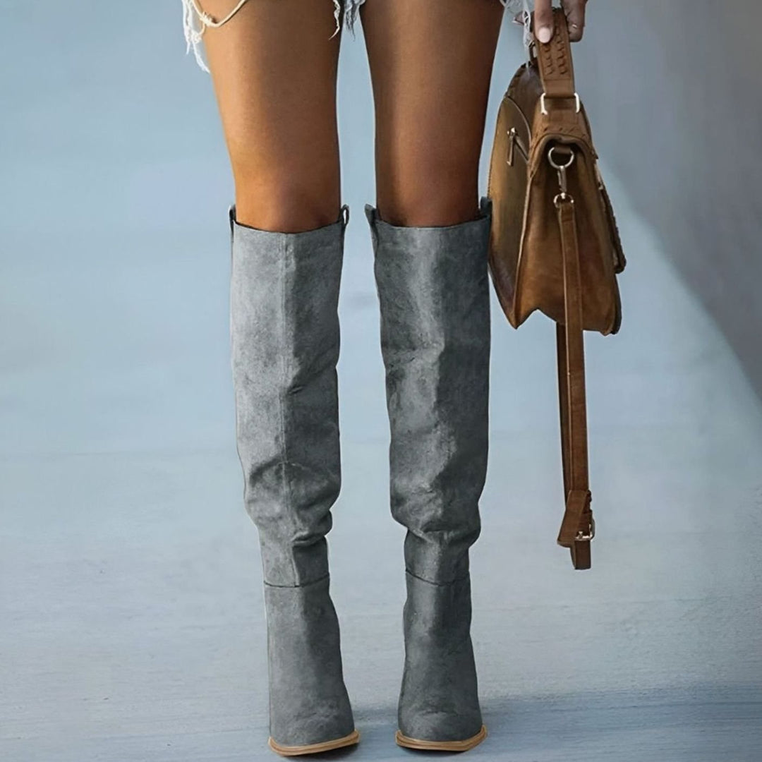 Women's Suede Pointed-Toe Knee-High Block-Heel Boots