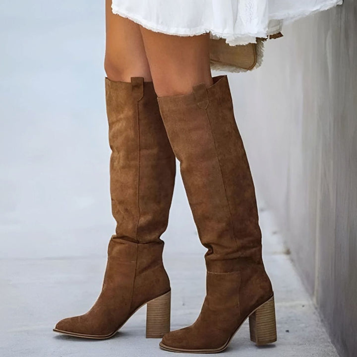 Women's Suede Pointed-Toe Knee-High Block-Heel Boots