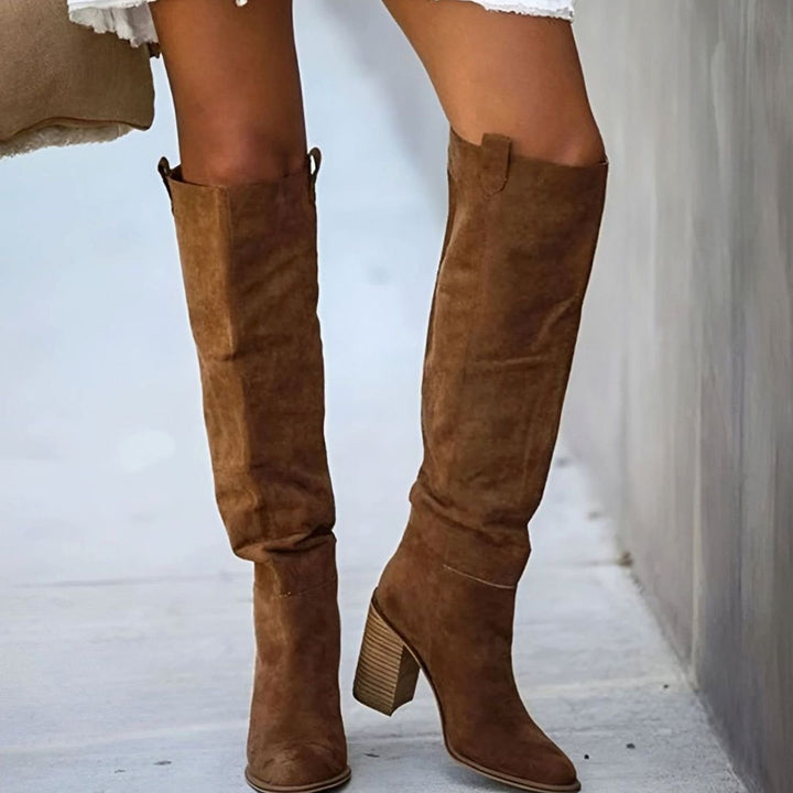 Women's Suede Pointed-Toe Knee-High Block-Heel Boots