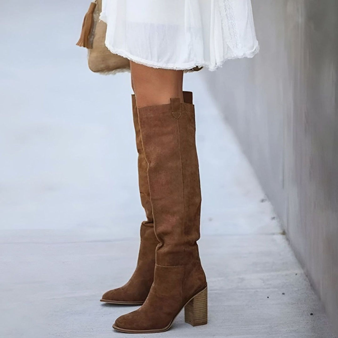 Women's Suede Pointed-Toe Knee-High Block-Heel Boots