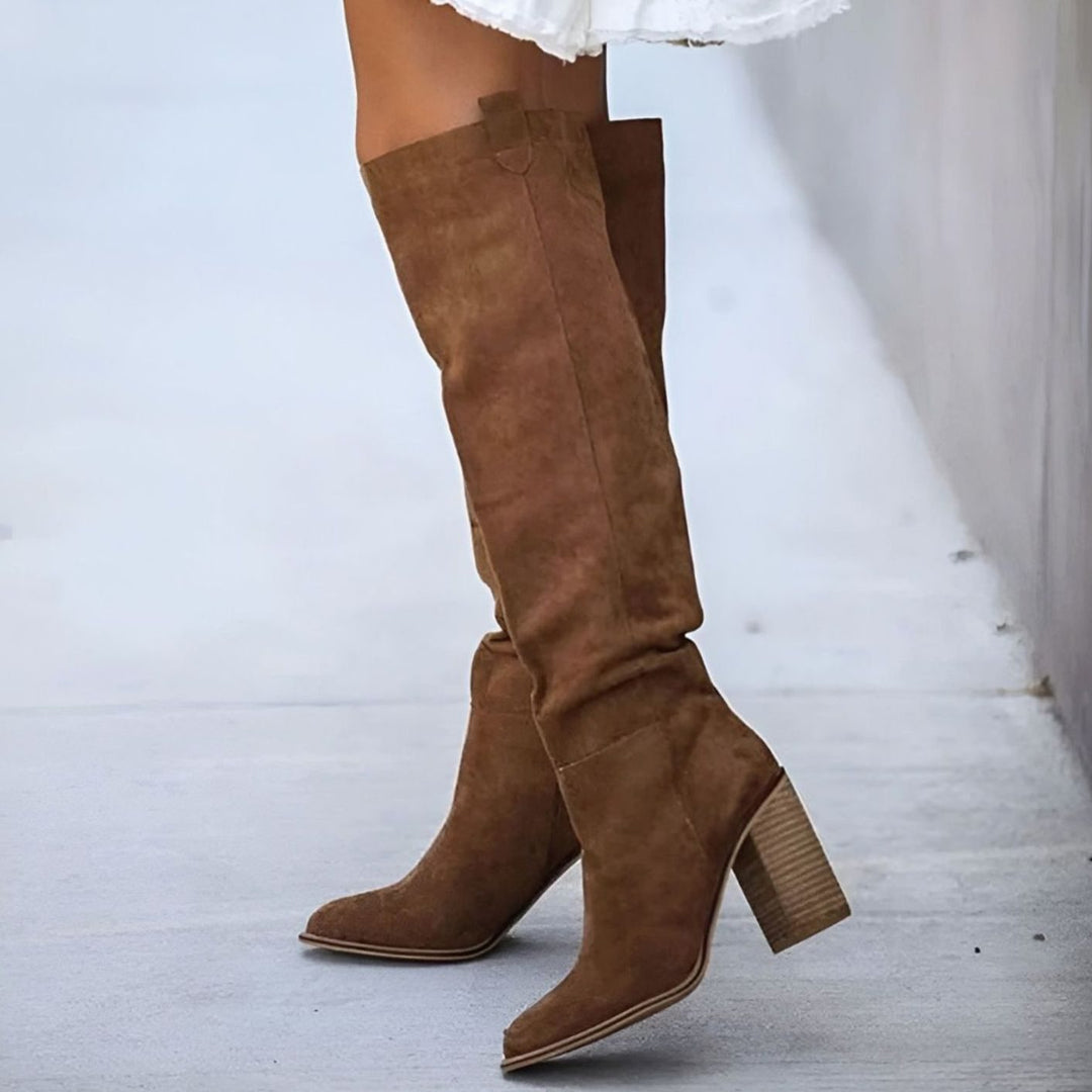 Women's Suede Pointed-Toe Knee-High Block-Heel Boots