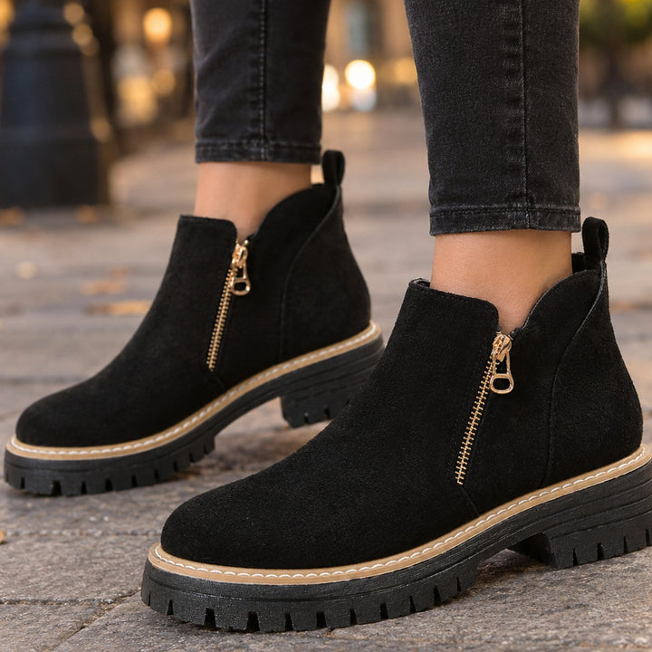 Women's Suede Side-Zip Ankle Boots Chunky Lug Sole Block Heel - Black