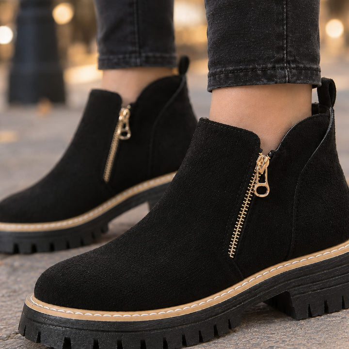 Women's Suede Side-Zip Ankle Boots Chunky Lug Sole Block Heel