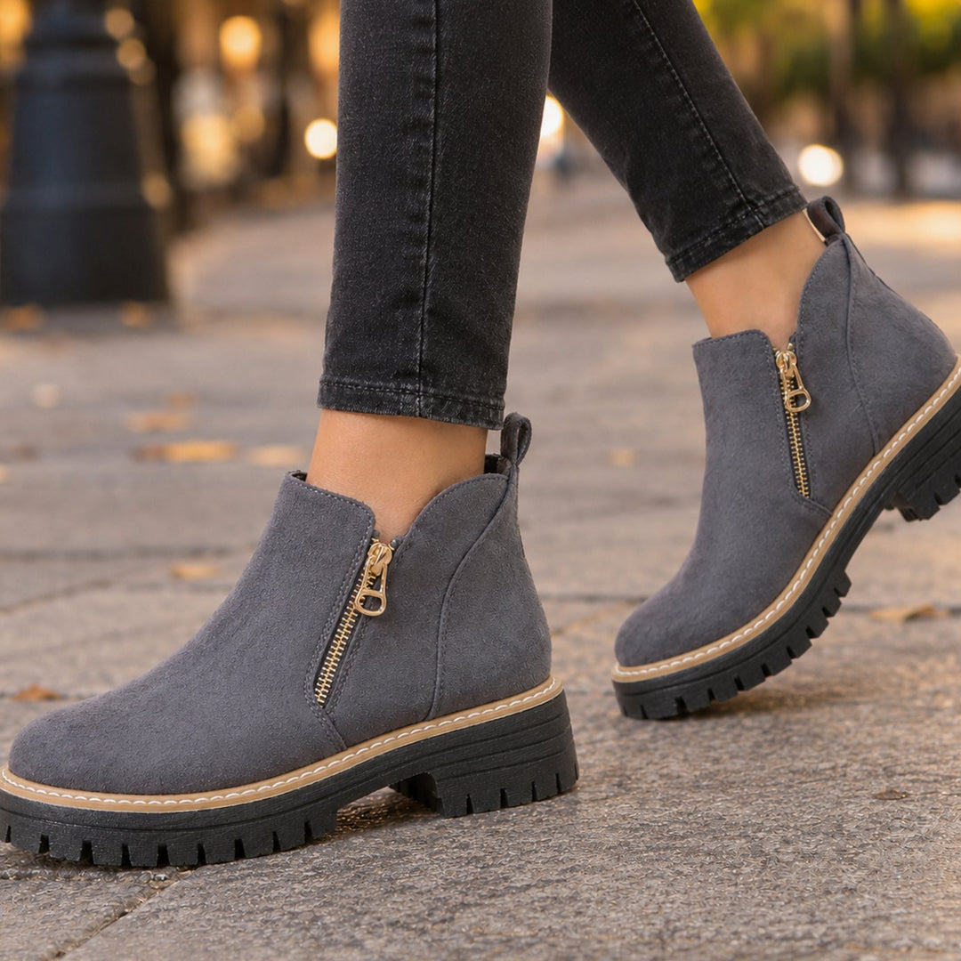 Women's Suede Side-Zip Ankle Boots Chunky Lug Sole Block Heel - Grey