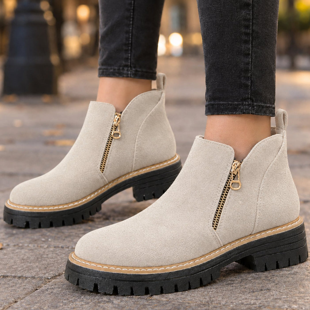 Women's Suede Side-Zip Ankle Boots Chunky Lug Sole Block Heel - Off White