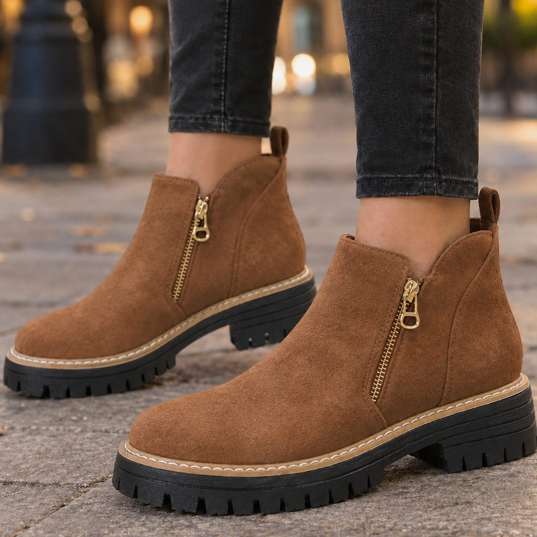 Women's Suede Side-Zip Ankle Boots Chunky Lug Sole Block Heel - Brown