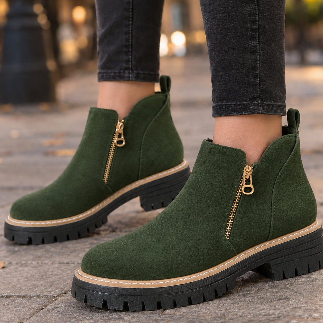 Women's Suede Side-Zip Ankle Boots Chunky Lug Sole Block Heel - Green