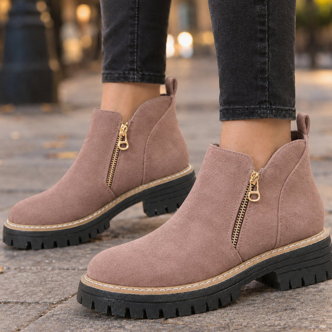 Women's Suede Side-Zip Ankle Boots Chunky Lug Sole Block Heel - Pink