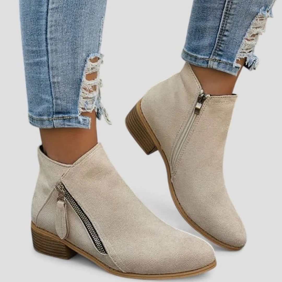 Women's Suede Side-Zip Block-Heel Ankle Boots - Beige