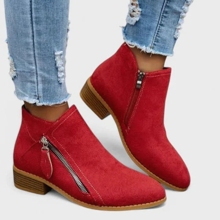 Women's Suede Side-Zip Block-Heel Ankle Boots - Red