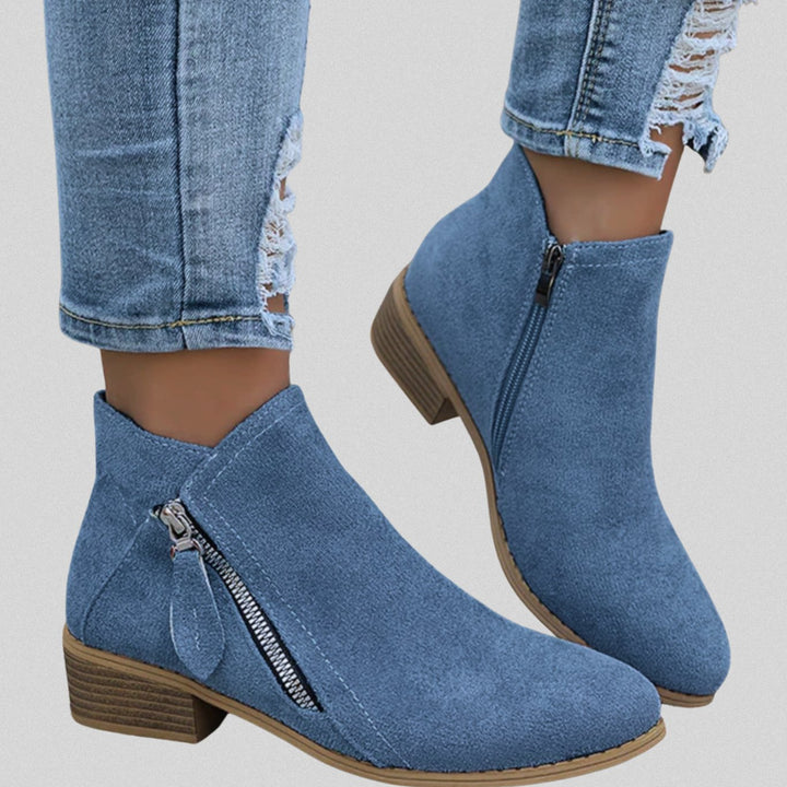 Women's Suede Side-Zip Low Block Heel Ankle Boots - Blue
