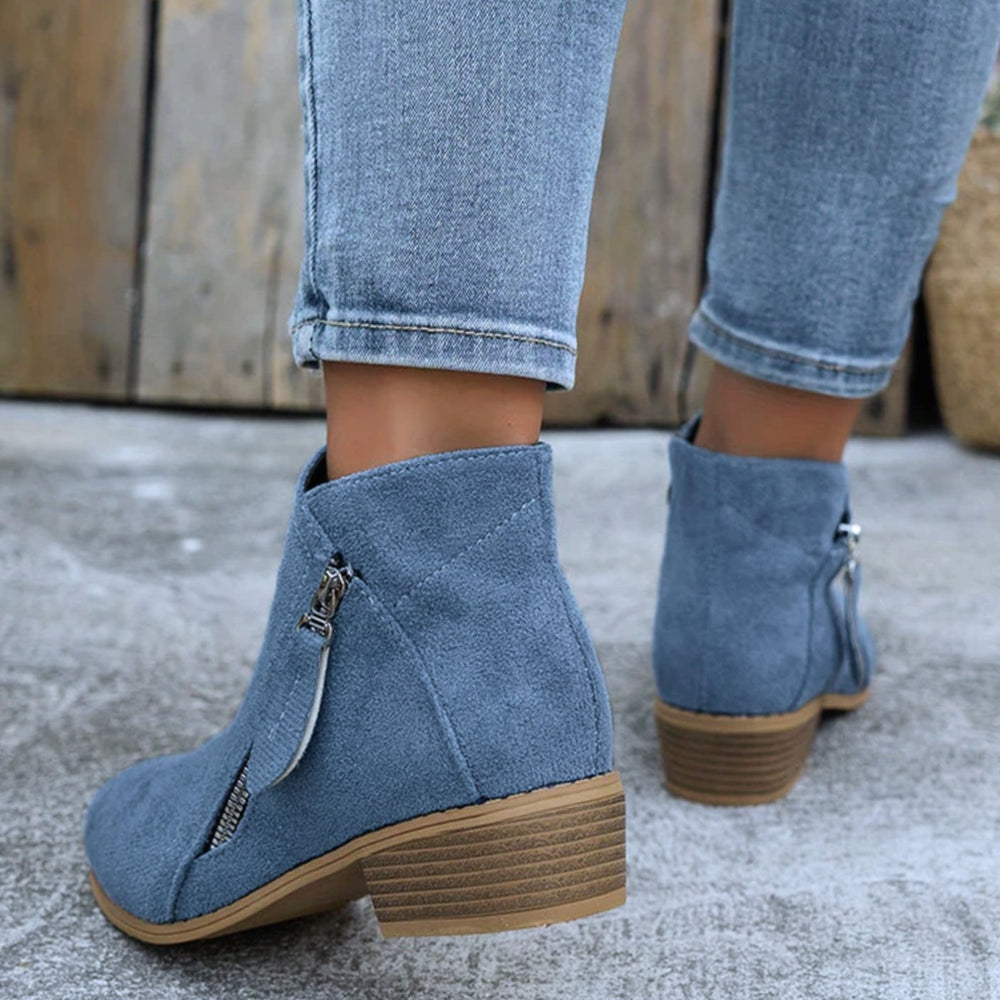 Women's Suede Side-Zip Low Block Heel Ankle Boots