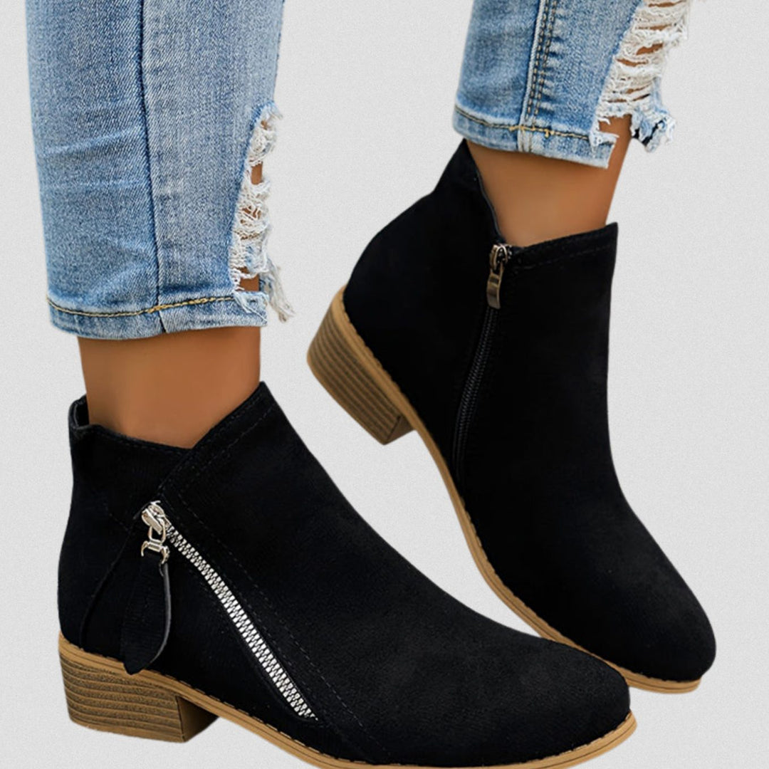 Women's Suede Side-Zip Low Block Heel Ankle Boots - Black