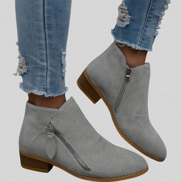 Women's Suede Side-Zip Low Block Heel Ankle Boots - Grey