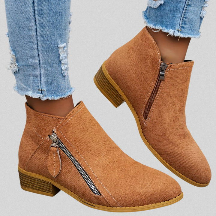 Women's Suede Side-Zip Low Block Heel Ankle Boots - Brown