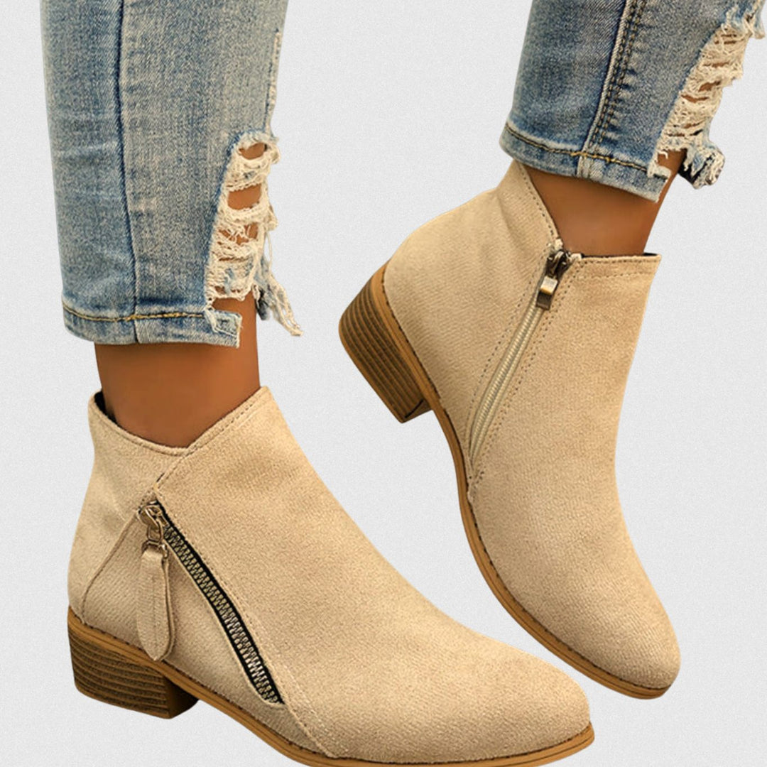 Women's Suede Side-Zip Low Block Heel Ankle Boots - Beige