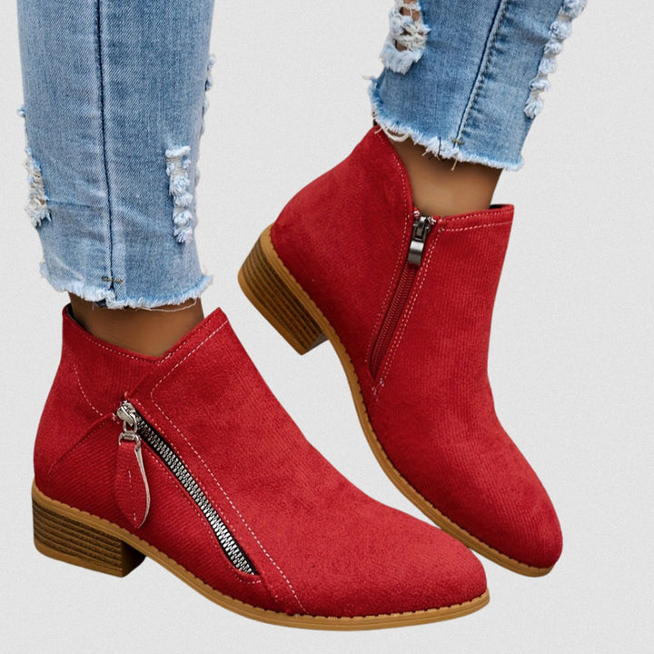Women's Suede Side-Zip Low Block Heel Ankle Boots - Red
