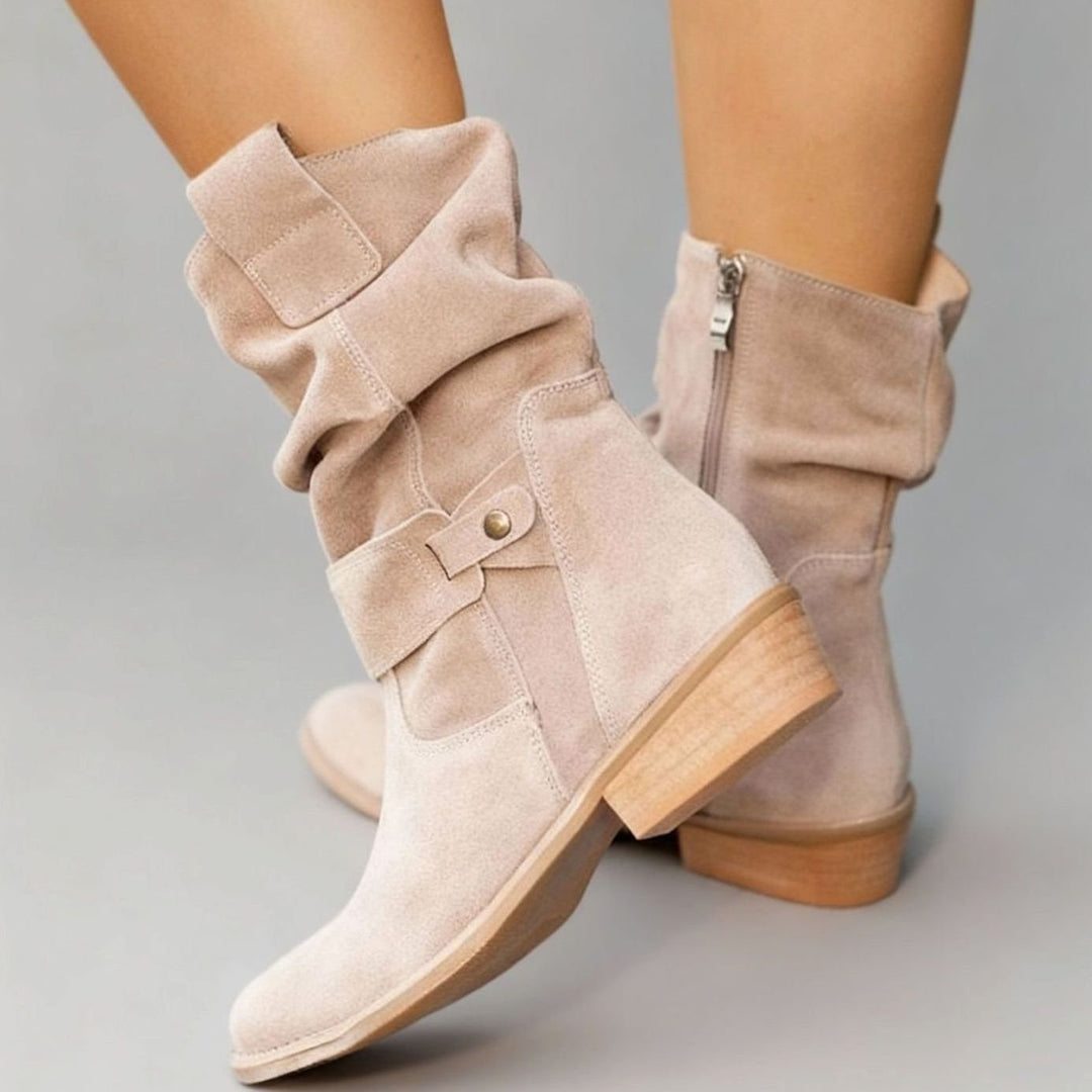 Women's Suede Slouch Ankle Boots Block Heel Side Zip - Suede Beige