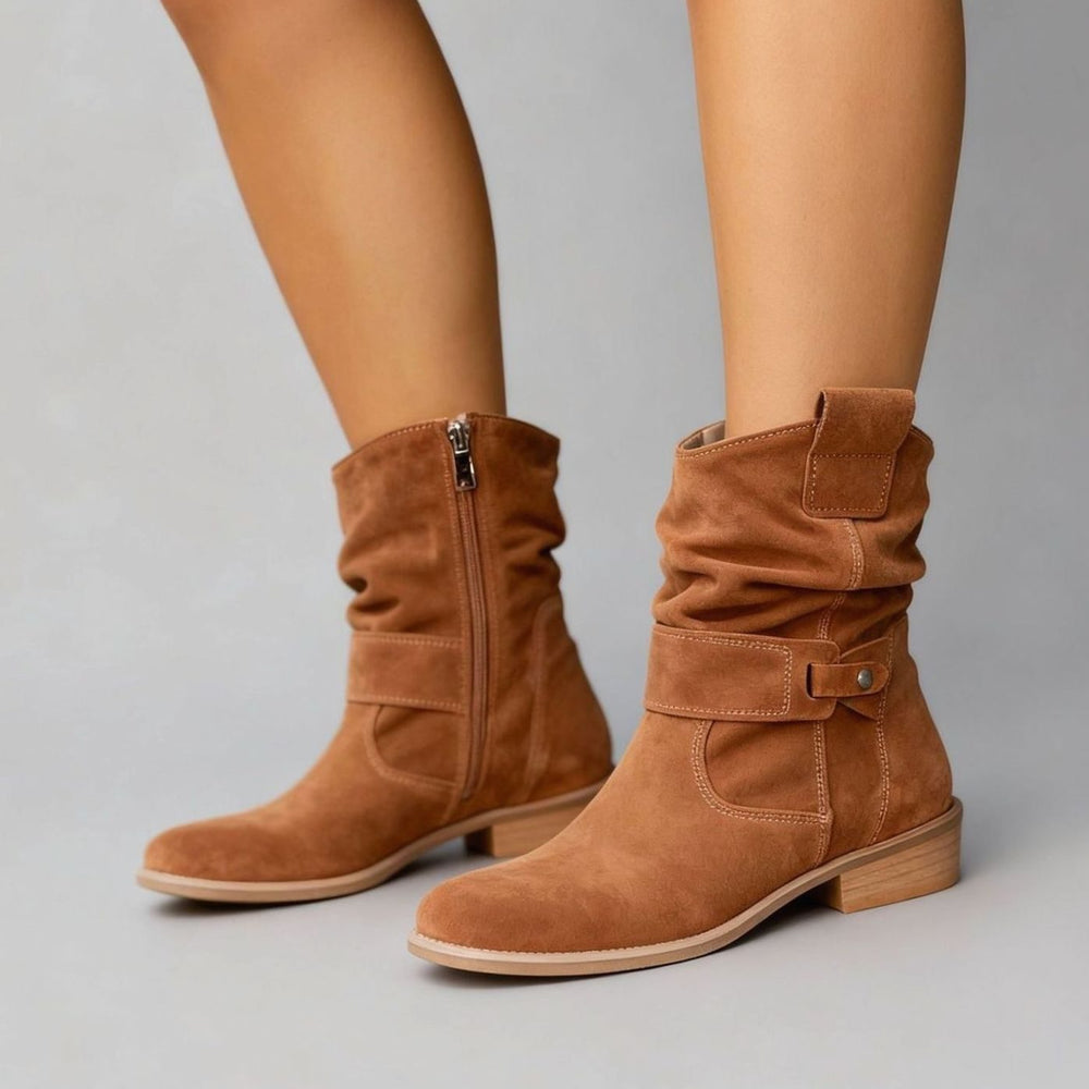 Women's Suede Slouch Ankle Boots Block Heel Side Zip - Texan Brown