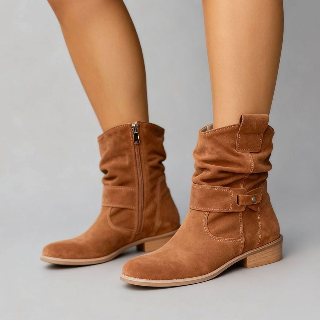 Women's Suede Slouch Ankle Boots Block Heel Side Zip - Texan Brown
