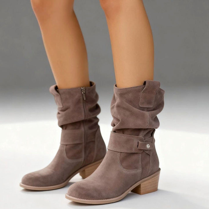 Women's Suede Slouch Ankle Boots Block Heel Side Zip - Alabaster Beige