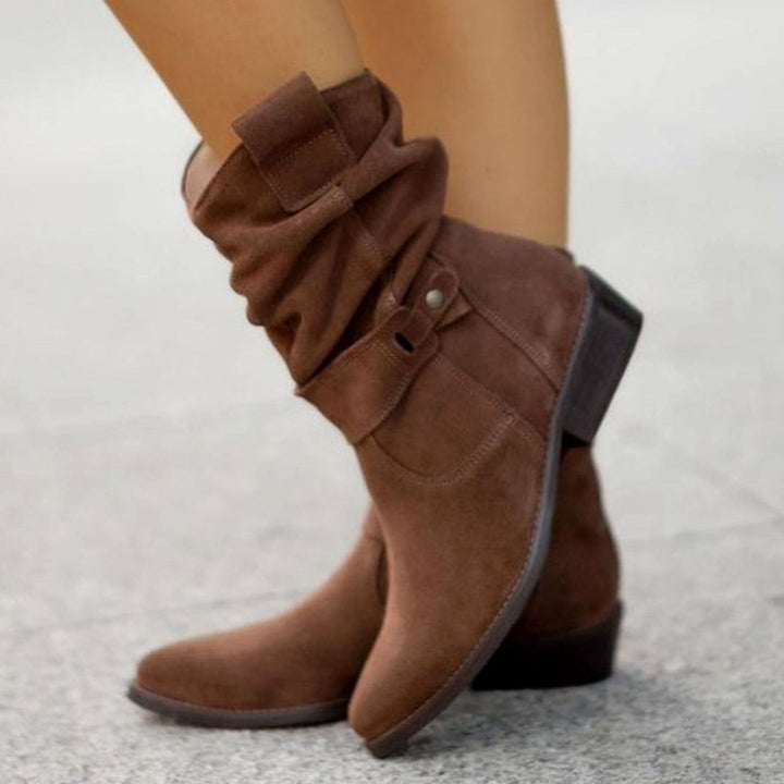 Women's Suede Slouch Ankle Boots Block Heel Side Zip - Arizona Brown