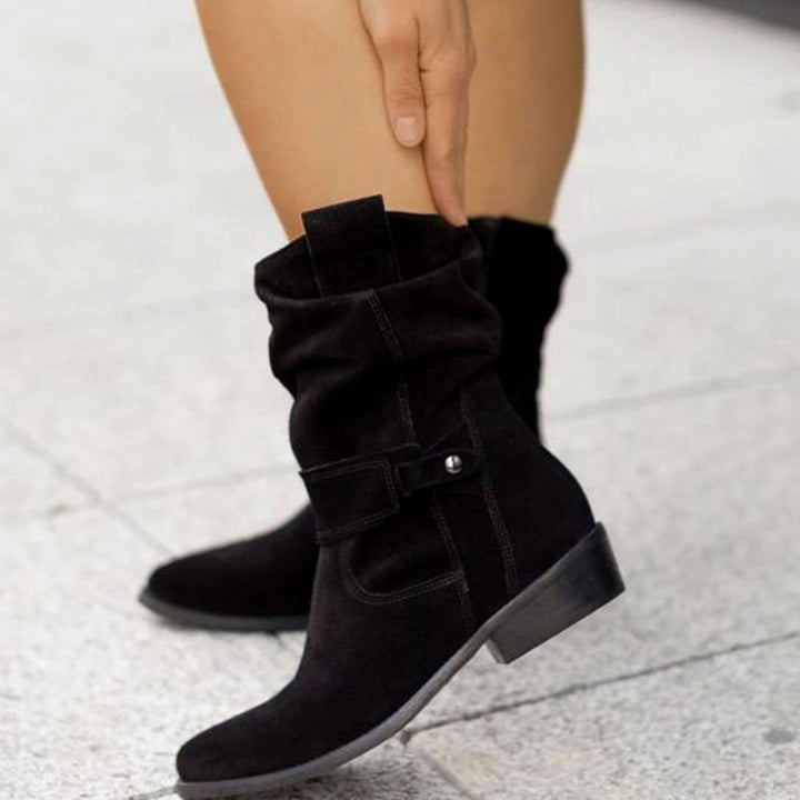 Women's Suede Slouch Ankle Boots Block Heel Side Zip - Manhattan Black