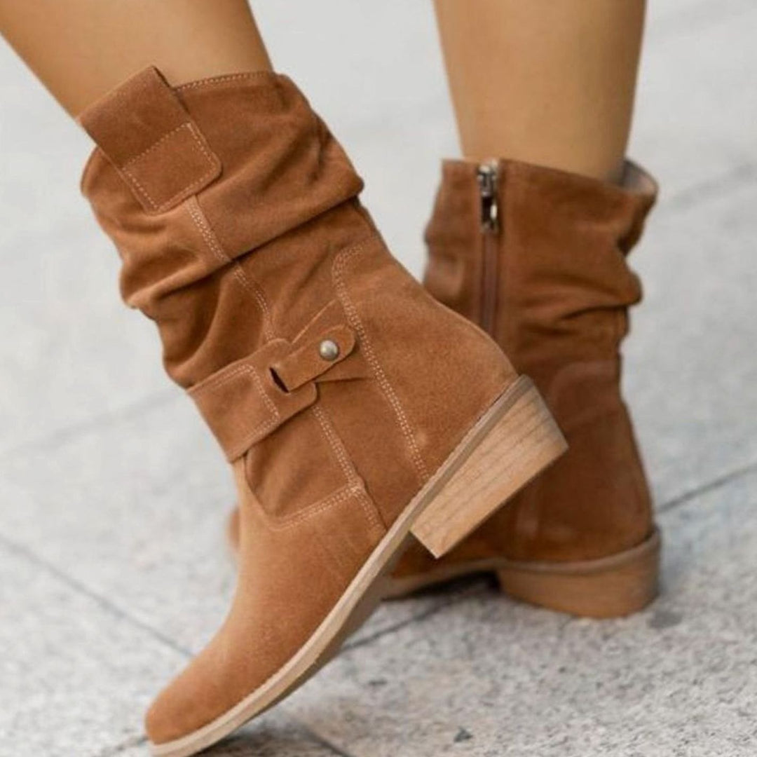 Women's Suede Slouch Ankle Boots Block Heel Side Zip