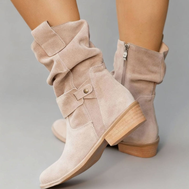 Women's Suede Slouch Ankle Boots Block Heel Side Zip, Beige - Suede Beige