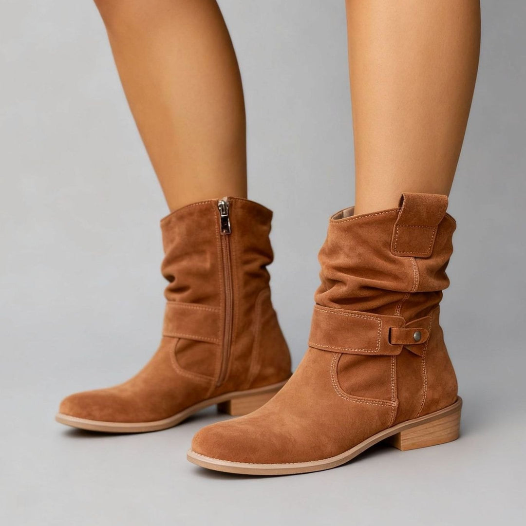 Women's Suede Slouch Ankle Boots Block Heel Side Zip, Beige - Texan Brown