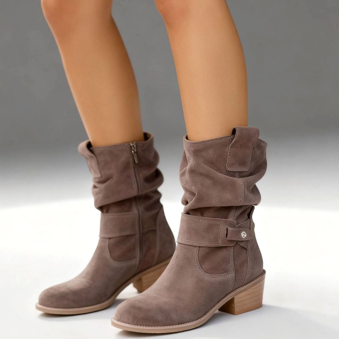 Women's Suede Slouch Ankle Boots Block Heel Side Zip, Beige - Alabaster Beige