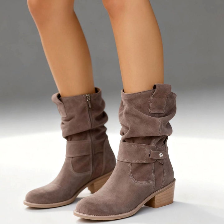 Women's Suede Slouch Ankle Boots Block Heel Side Zip, Beige - Alabaster Beige