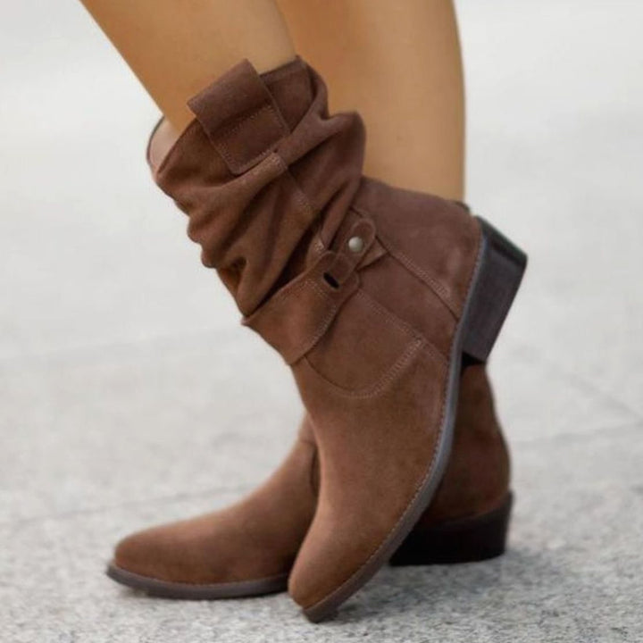 Women's Suede Slouch Ankle Boots Block Heel Side Zip, Beige - Arizona Brown