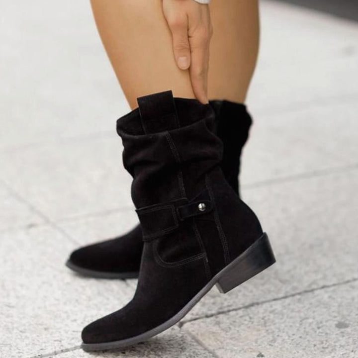 Women's Suede Slouch Ankle Boots Block Heel Side Zip, Beige - Manhattan Black