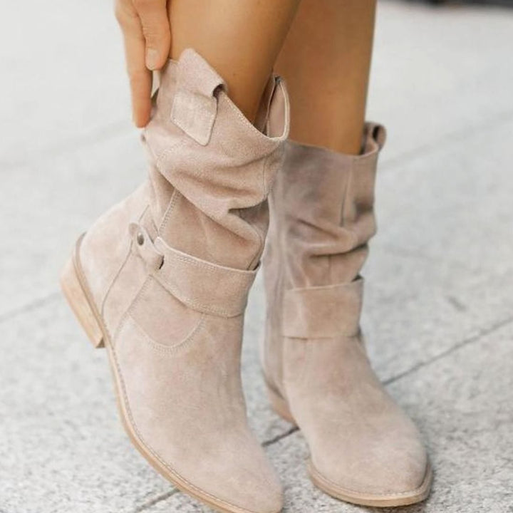 Women's Suede Slouch Ankle Boots Block Heel Side Zip, Beige