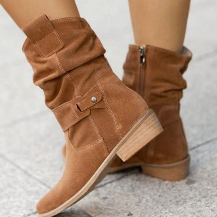 Women's Suede Slouch Ankle Boots Block Heel Side Zip, Beige