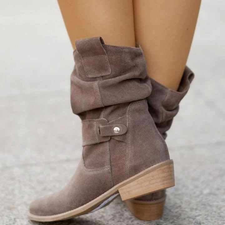 Women's Suede Slouch Ankle Boots Block Heel Side Zip, Beige