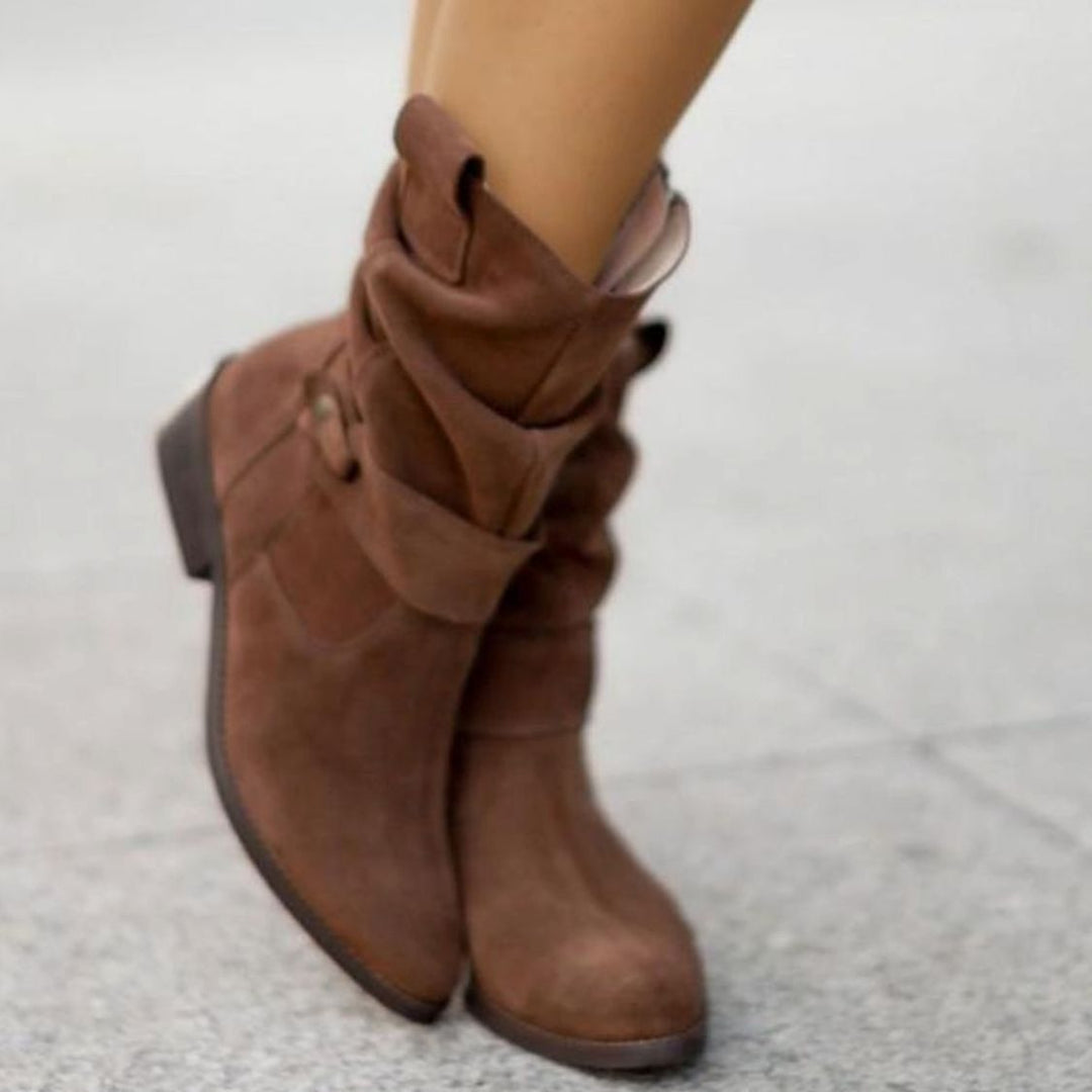 Women's Suede Slouch Ankle Boots Block Heel Side Zip, Beige