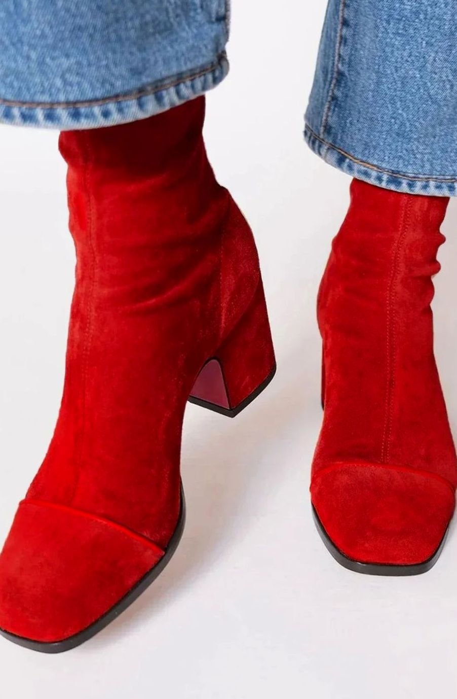 Women's Suede Square-Toe Block-Heel Ankle Boots - Red