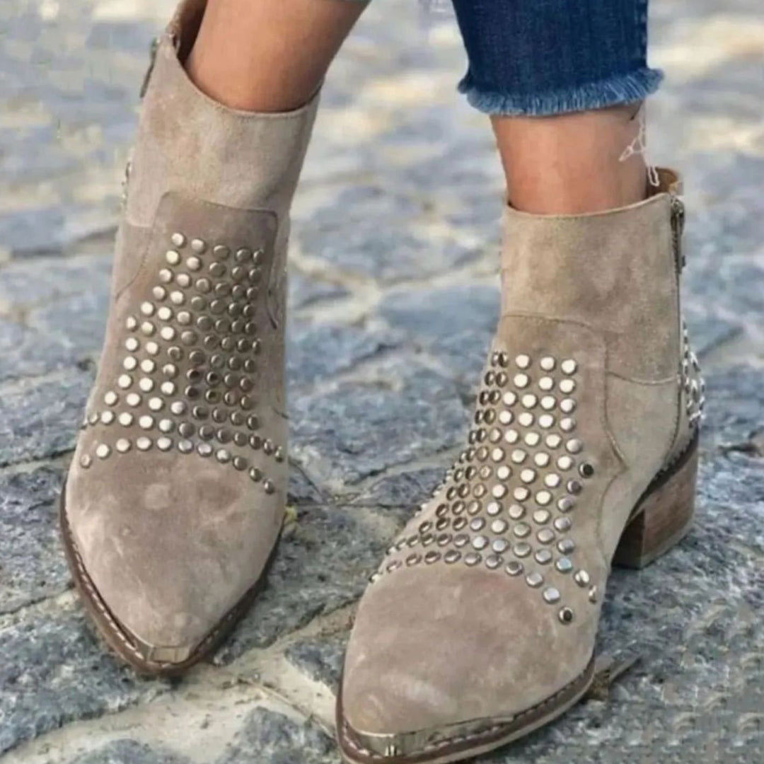 Women's Suede Studded Pointed-Toe Block-Heel Ankle Boots